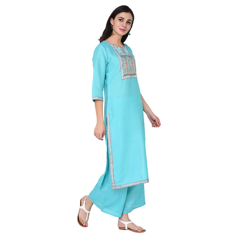 Blue Coloured Poly Silk with Print Round Neck 3/4 Sleevs Women Designer Casual/Daily wear Kurti with Palazzo!!
