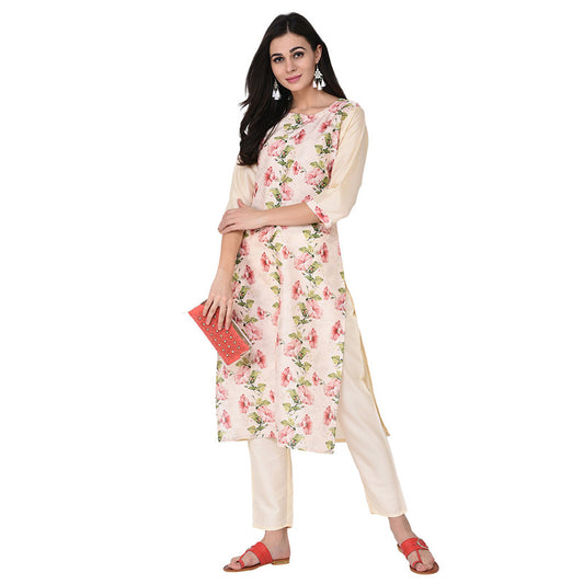 Cream Coloured Poly Silk with Print Round Neck 3/4 Sleevs Women Designer Casual/Daily wear Kurti with Pant!!