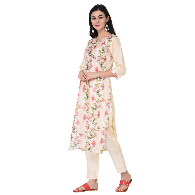 Cream Coloured Poly Silk with Print Round Neck 3/4 Sleevs Women Designer Casual/Daily wear Kurti with Pant!!