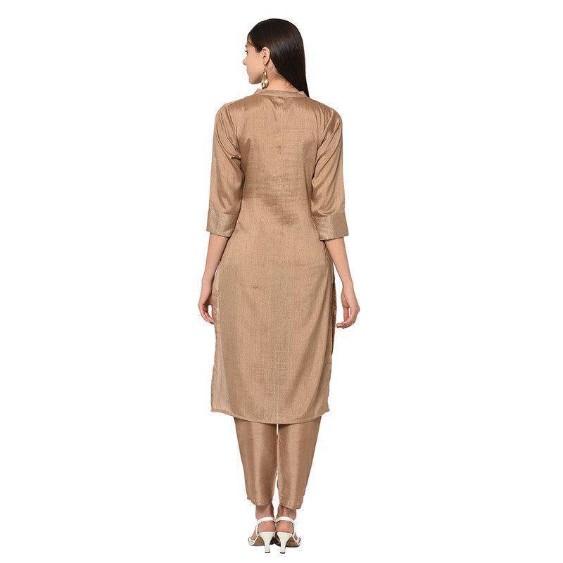 Brown Coloured Poly Silk with Print Round Neck 3/4 Sleevs Women Designer Casual/Daily wear Kurti with Pant!!