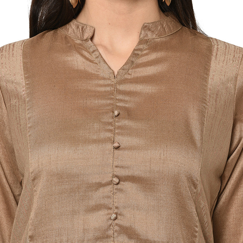 Brown Coloured Poly Silk with Print Round Neck 3/4 Sleevs Women Designer Casual/Daily wear Kurti!!