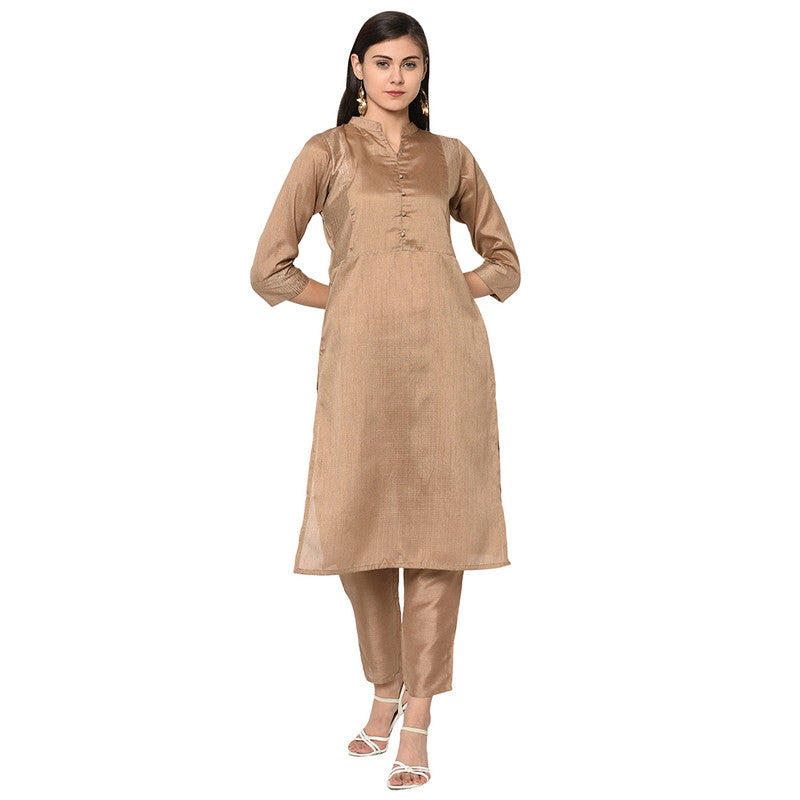 Brown Coloured Poly Silk with Print Round Neck 3/4 Sleevs Women Designer Casual/Daily wear Kurti with Pant!!