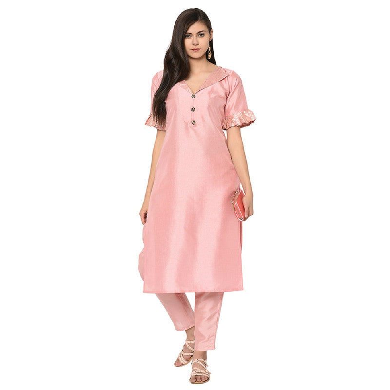 Pink Coloured Poly Silk with Print Round Neck 3/4 Sleevs Women Designer Casual/Daily wear Kurti with Pant!!