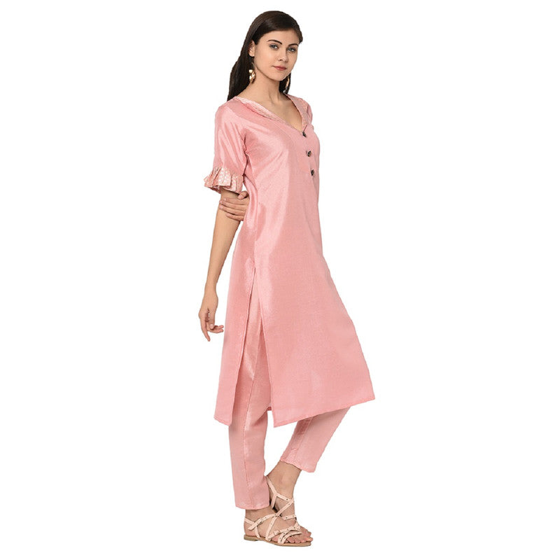 Pink Coloured Poly Silk with Print Round Neck 3/4 Sleevs Women Designer Casual/Daily wear Kurti with Pant!!