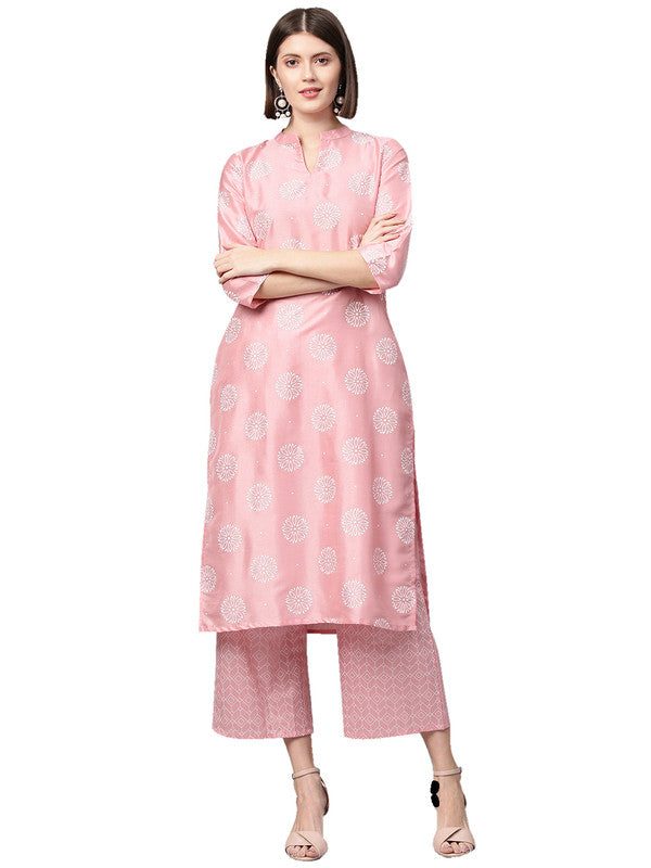 Pink Coloured Poly Silk with Print Round Neck 3/4 Sleevs Women Designer Casual/Daily wear Kurti with Palazzo!!