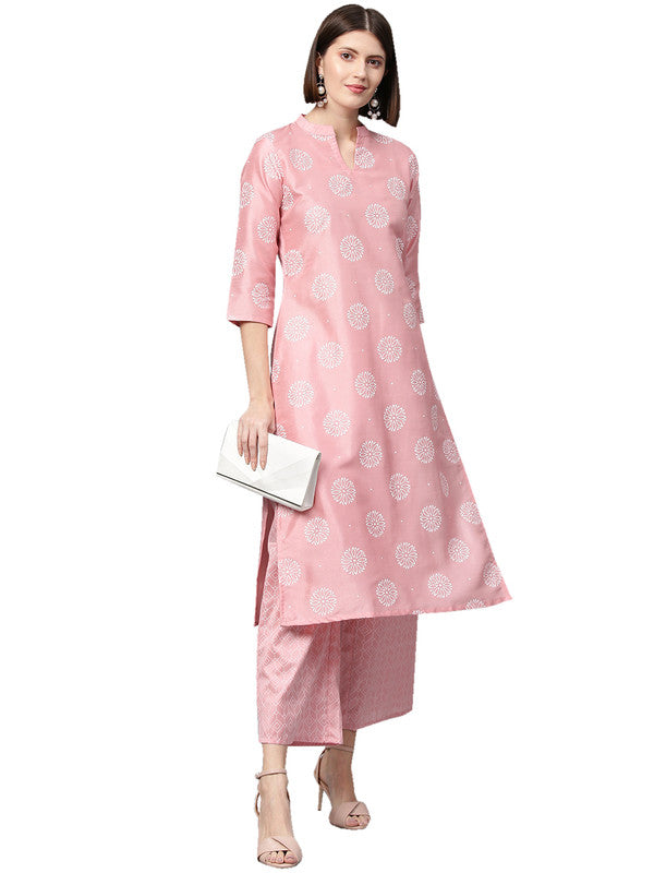 Pink Coloured Poly Silk with Print Round Neck 3/4 Sleevs Women Designer Casual/Daily wear Kurti with Palazzo!!