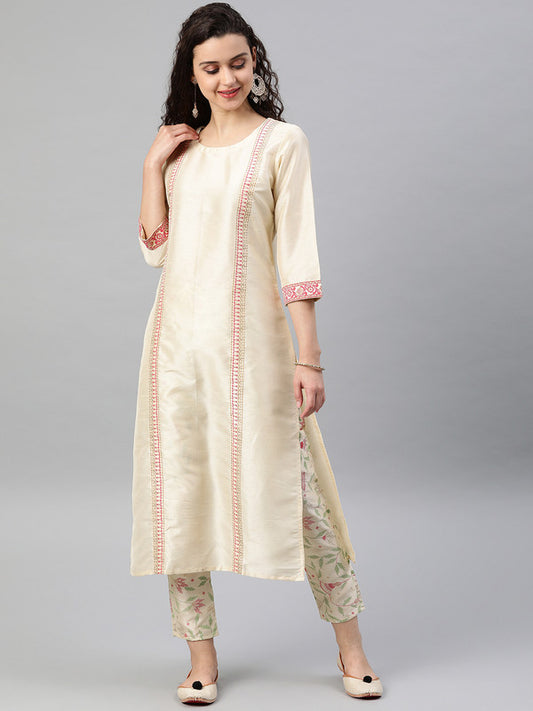Cream Coloured Poly Silk with Print Round Neck 3/4 Sleevs Women Designer Casual/Daily wear Kurti!!