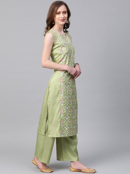 Green Coloured Poly Silk with Print Round Neck Sleeveless Women Designer Casual/Daily wear Kurti with Palazzo!!