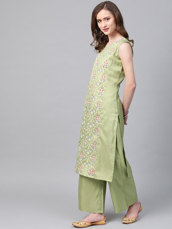 Green Coloured Poly Silk with Print Round Neck Sleeveless Women Designer Casual/Daily wear Kurti with Palazzo!!