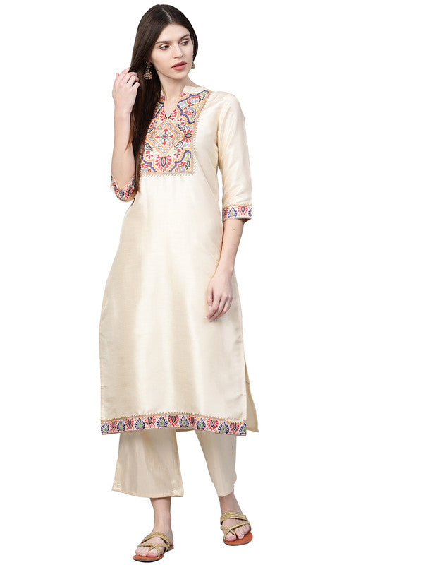 Cream Coloured Poly Silk with Chinese Collar Neck Gota Lace 3/4 Sleevs Side Slits Women Designer Casual/Daily wear Kurti with Palazzo!!