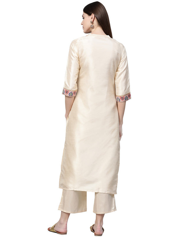 Cream Coloured Poly Silk with Chinese Collar Neck Gota Lace 3/4 Sleevs Side Slits Women Designer Casual/Daily wear Kurti with Palazzo!!