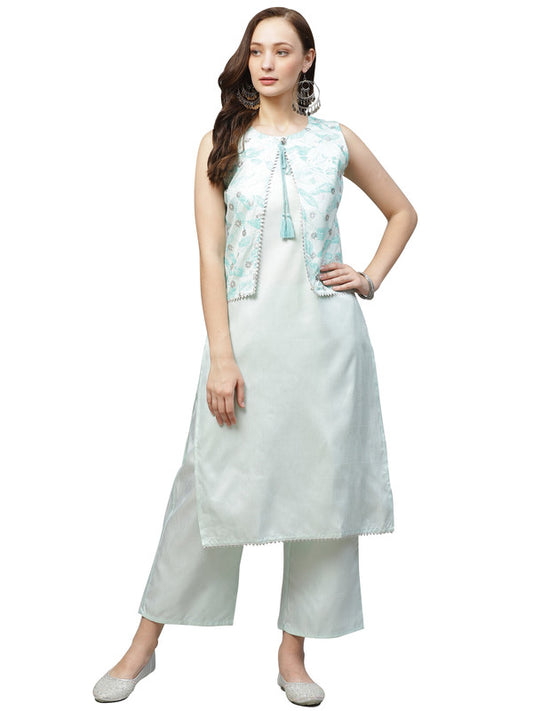 Mint Green Coloured Poly Silk with Round Neck Sleeveless Side Slits Women Designer Casual/Daily wear Kurti with Palazzo & Jacket!!