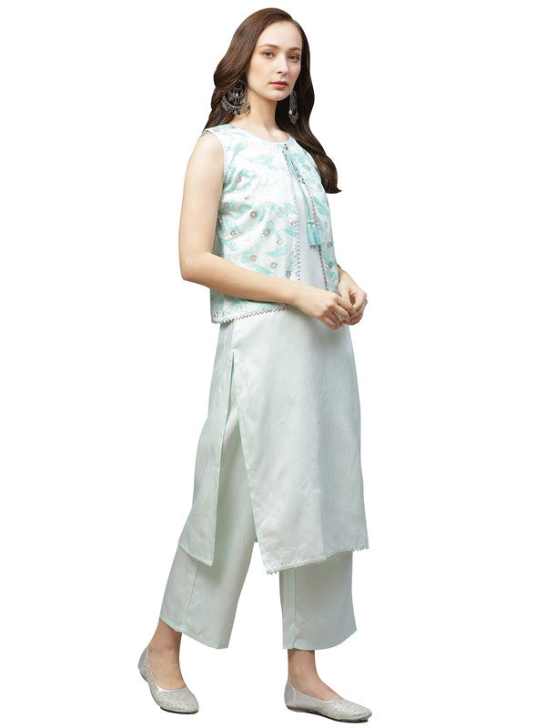 Mint Green Coloured Poly Silk with Round Neck Sleeveless Side Slits Women Designer Casual/Daily wear Kurti with Palazzo & Jacket!!