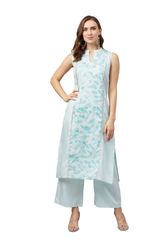 Mint Green Silver Coloured Poly Silk with Foil Printed Collar Neck Sleeveless Side Slits Women Designer Casual/Daily wear Kurti with Palazzo!!