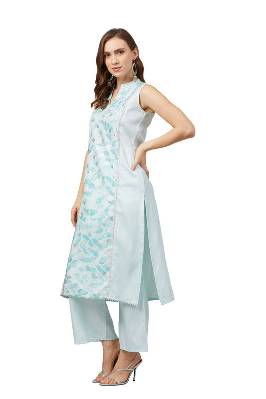 Mint Green Silver Coloured Poly Silk with Foil Printed Collar Neck Sleeveless Side Slits Women Designer Casual/Daily wear Kurti with Palazzo!!