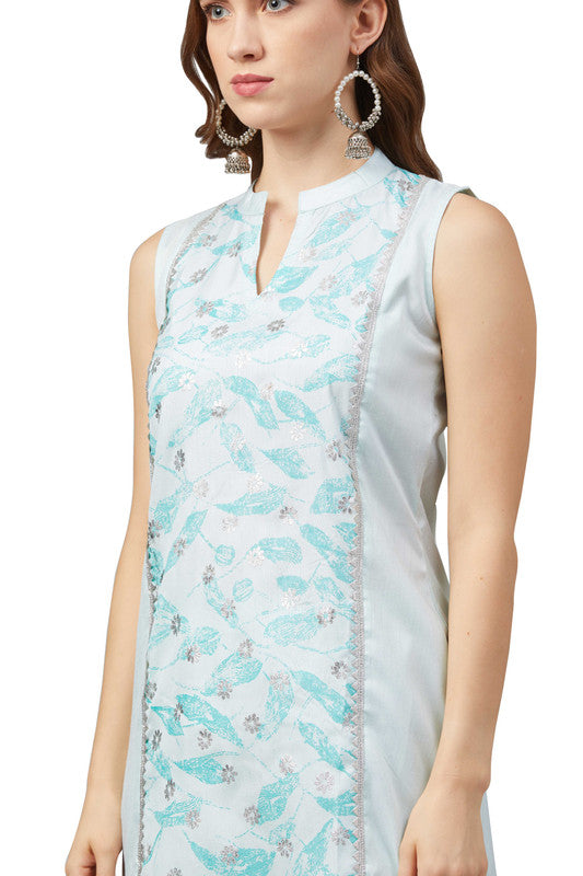 Mint Green Silver Coloured Poly Silk with Foil Printed Collar Neck Sleeveless Side Slits Women Designer Casual/Daily wear Kurti with Palazzo!!