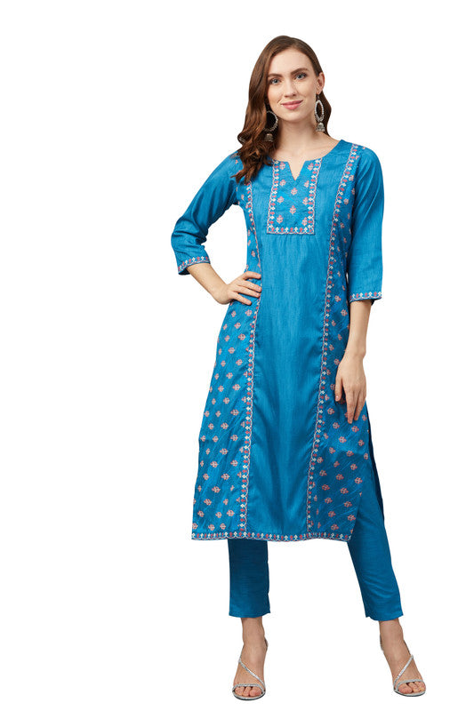 Blue Coloured Poly Silk with Rubber Printed Round Neck 3/4 Sleeves Side Slits Women Designer Casual/Daily wear Kurti with Pant!!