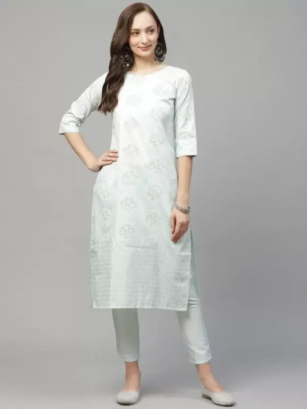 Mint Green Coloured Poly Silk with Rubber Printed Round Neck 3/4 Sleeves Side Slits Women Designer Casual/Daily wear Kurti with Pant!!