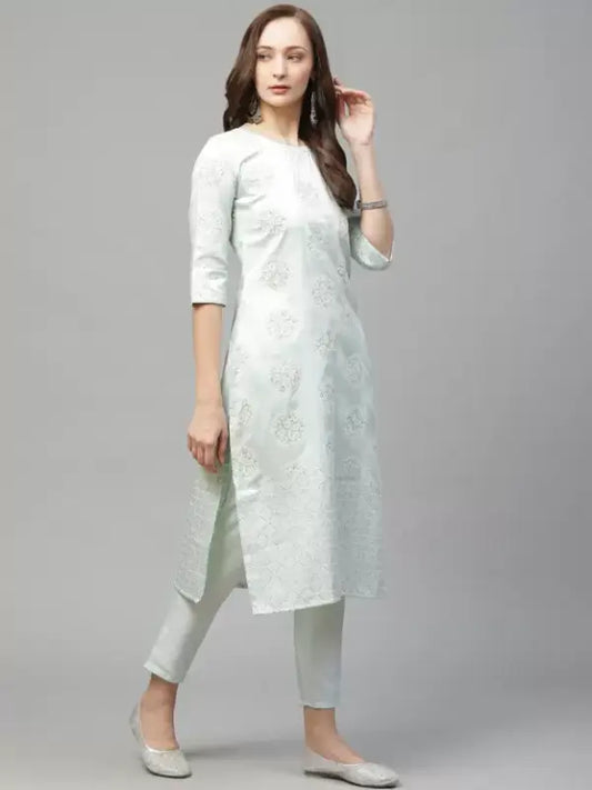 Mint Green Coloured Poly Silk with Rubber Printed Round Neck 3/4 Sleeves Side Slits Women Designer Casual/Daily wear Kurti with Pant!!