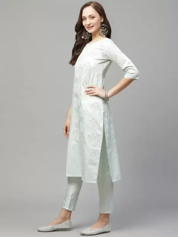 Mint Green Coloured Poly Silk with Rubber Printed Round Neck 3/4 Sleeves Side Slits Women Designer Casual/Daily wear Kurti!!