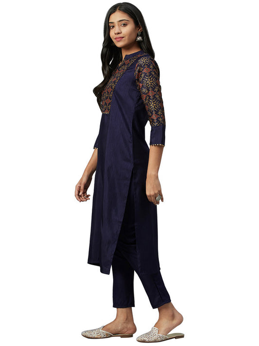 Navy Blue Coloured Poly Silk with Digital Print mandarin collar 3/4 Sleeves Side Slits Women Designer Casual/Daily wear Kurti with Pant!!