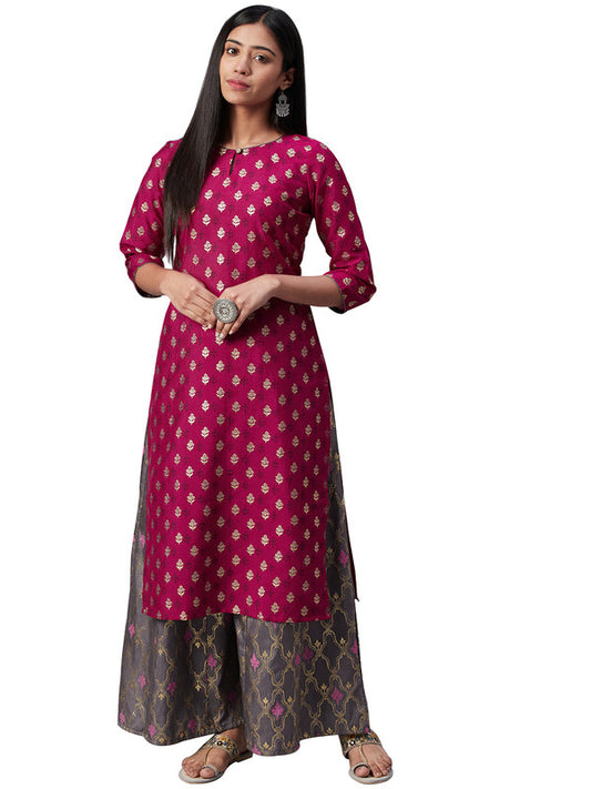 Pink Coloured Poly Silk with Foil Print Round Neck 3/4 Sleeves Side Slits Women Designer Casual/Daily wear Straight Kurta!!