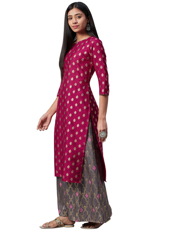 Pink Coloured Poly Silk with Foil Print Round Neck 3/4 Sleeves Side Slits Women Designer Casual/Daily wear Straight Kurta with Palazzo!!