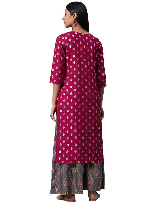 Pink Coloured Poly Silk with Foil Print Round Neck 3/4 Sleeves Side Slits Women Designer Casual/Daily wear Straight Kurta with Palazzo!!