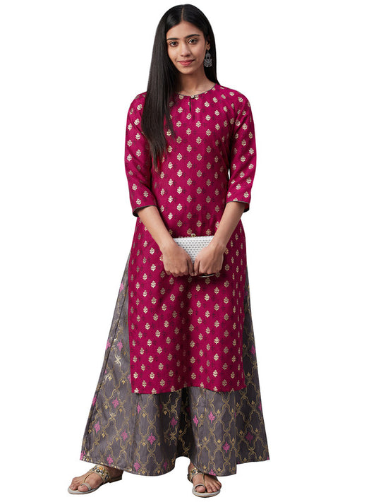 Pink Coloured Poly Silk with Foil Print Round Neck 3/4 Sleeves Side Slits Women Designer Casual/Daily wear Straight Kurta with Palazzo!!