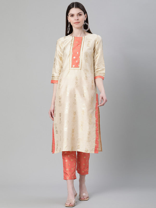 Cream Coloured Poly Silk with Foil Print Round Neck 3/4 Sleeves Side Slits Women Designer Casual/Daily wear Straight Kurta with Pant!!