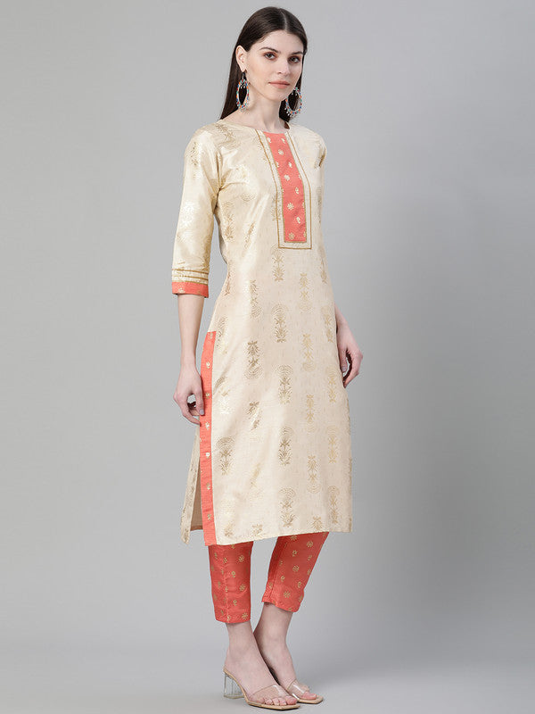 Cream Coloured Poly Silk with Foil Print Round Neck 3/4 Sleeves Side Slits Women Designer Casual/Daily wear Straight Kurta with Pant!!