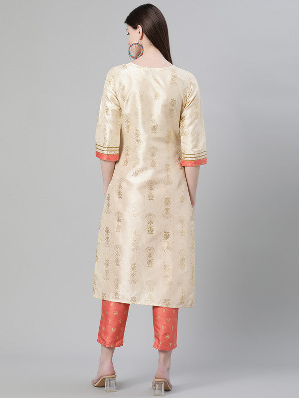 Cream Coloured Poly Silk with Foil Print Round Neck 3/4 Sleeves Side Slits Women Designer Casual/Daily wear Straight Kurta with Pant!!