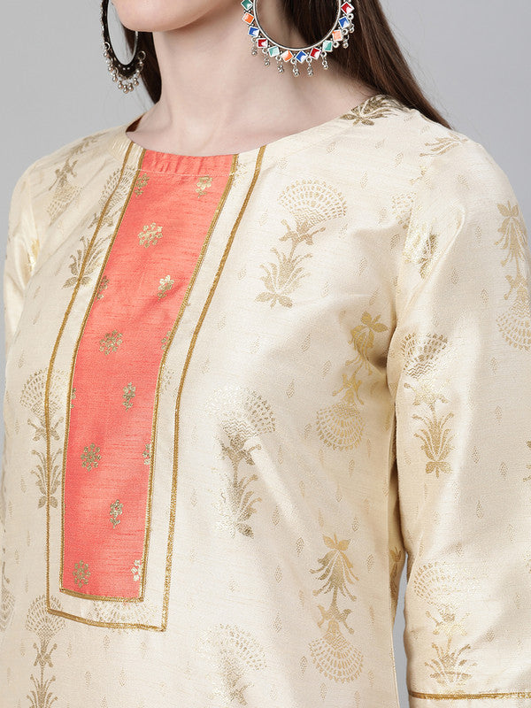 Cream Coloured Poly Silk with Foil Print Round Neck 3/4 Sleeves Side Slits Women Designer Casual/Daily wear Straight Kurta with Pant!!