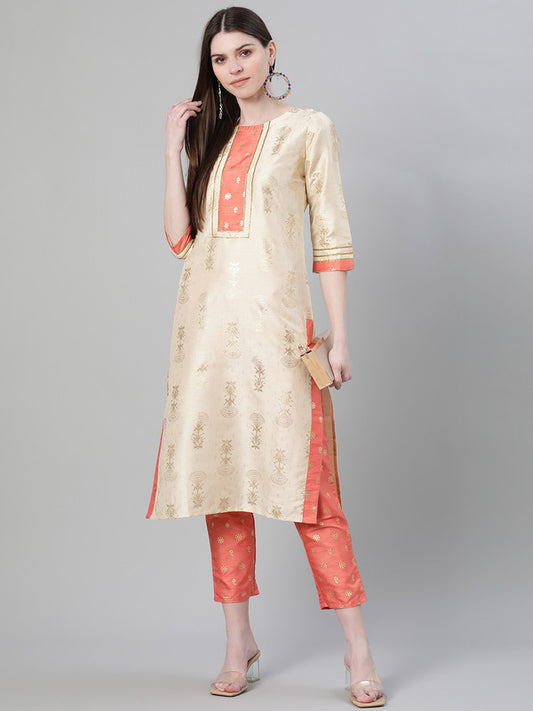 Cream Coloured Poly Silk with Foil Print Round Neck 3/4 Sleeves Side Slits Women Designer Casual/Daily wear Straight Kurta with Pant!!