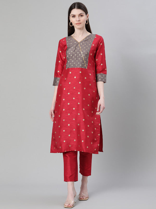 Red Coloured Poly Silk with Foil Print V Neck 3/4 Sleeves Side Slits Women Designer Casual/Daily wear Straight Kurta with Pant!!