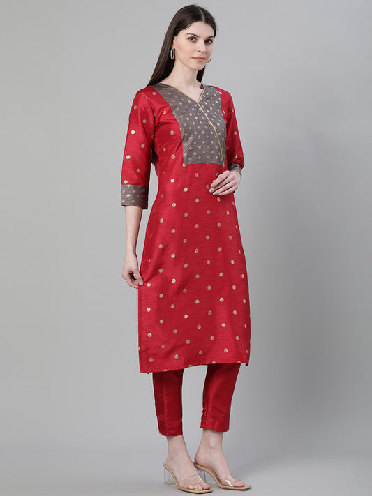 Red Coloured Poly Silk with Foil Print V Neck 3/4 Sleeves Side Slits Women Designer Casual/Daily wear Straight Kurta!!