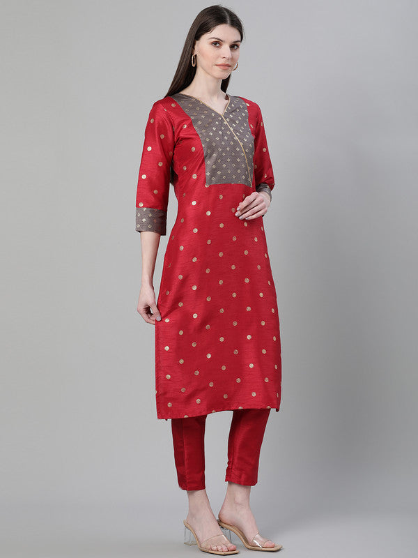 Red Coloured Poly Silk with Foil Print V Neck 3/4 Sleeves Side Slits Women Designer Casual/Daily wear Straight Kurta with Pant!!