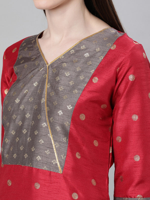 Red Coloured Poly Silk with Foil Print V Neck 3/4 Sleeves Side Slits Women Designer Casual/Daily wear Straight Kurta with Pant!!