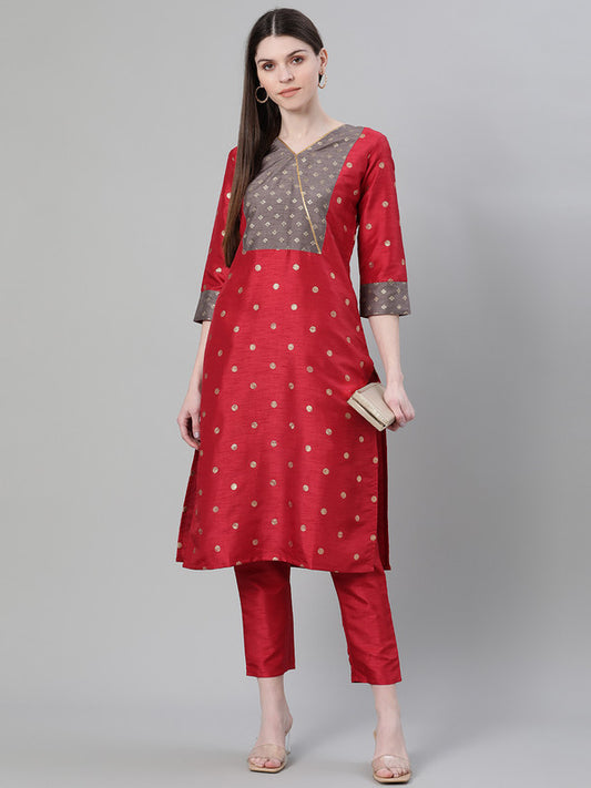 Red Coloured Poly Silk with Foil Print V Neck 3/4 Sleeves Side Slits Women Designer Casual/Daily wear Straight Kurta with Pant!!