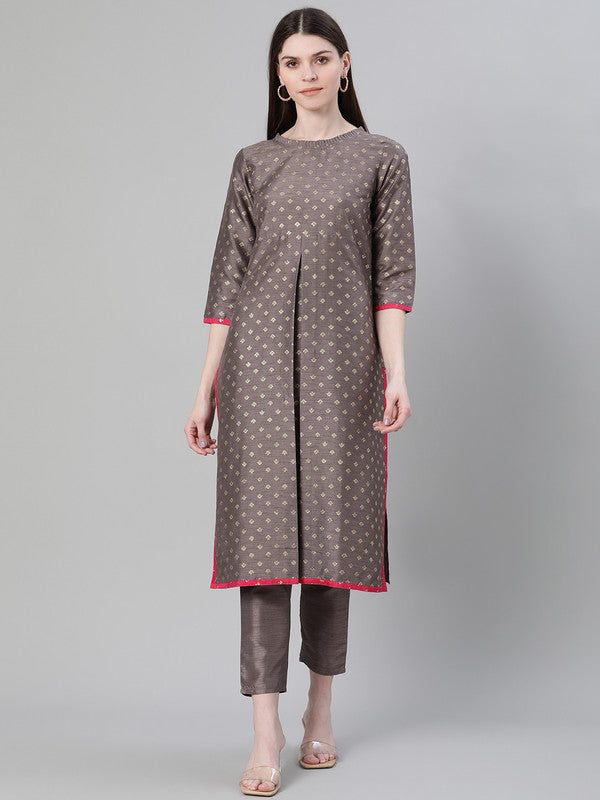 Grey Coloured Poly Silk with Foil Print Round Neck 3/4 Sleeves Side Slits Women Designer Casual/Daily wear Flared Kurta!!