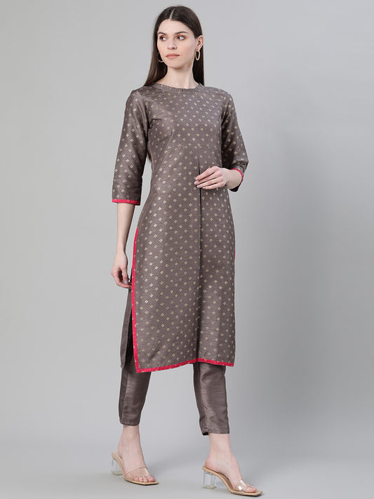 Grey Coloured Poly Silk with Foil Print Round Neck 3/4 Sleeves Side Slits Women Designer Casual/Daily wear Flared Kurta!!