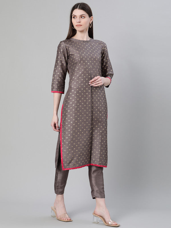 Grey Coloured Poly Silk with Foil Print Round Neck 3/4 Sleeves Side Slits Women Designer Casual/Daily wear Flared Kurta with Pant!!