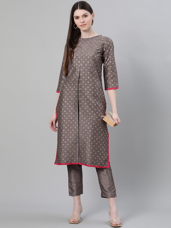 Grey Coloured Poly Silk with Foil Print Round Neck 3/4 Sleeves Side Slits Women Designer Casual/Daily wear Flared Kurta!!