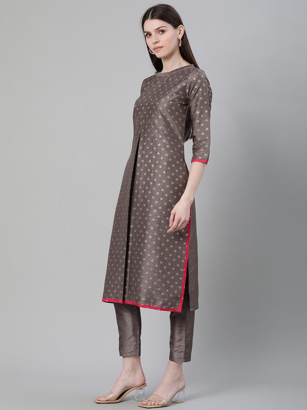 Grey Coloured Poly Silk with Foil Print Round Neck 3/4 Sleeves Side Slits Women Designer Casual/Daily wear Flared Kurta!!