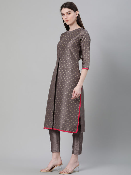 Grey Coloured Poly Silk with Foil Print Round Neck 3/4 Sleeves Side Slits Women Designer Casual/Daily wear Flared Kurta with Pant!!