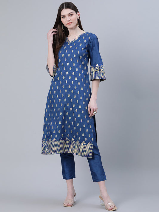 Teal Blue Coloured Poly Silk with Foil Print V Neck 3/4 Sleeves Side Slits Women Designer Casual/Daily wear Straight Kurta!!