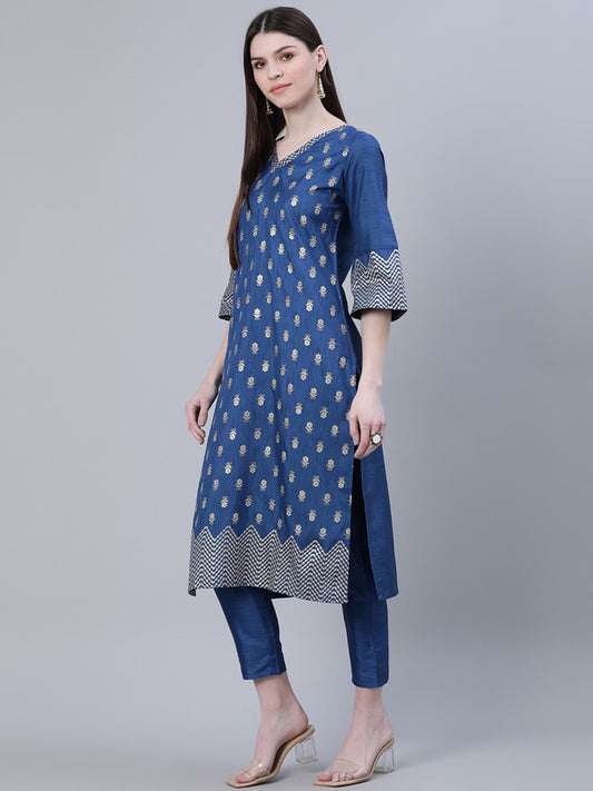 Teal Blue Coloured Poly Silk with Foil Print V Neck 3/4 Sleeves Side Slits Women Designer Casual/Daily wear Straight Kurta with Pant!!