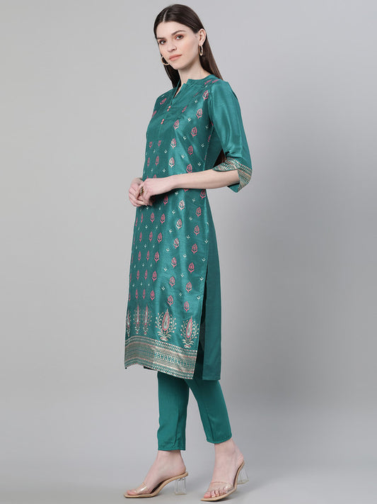 Green Coloured Poly Silk with Foil Print Mandarin neck 3/4 Sleeves Side Slits Women Designer Casual/Daily wear Straight Kurta with pant!!
