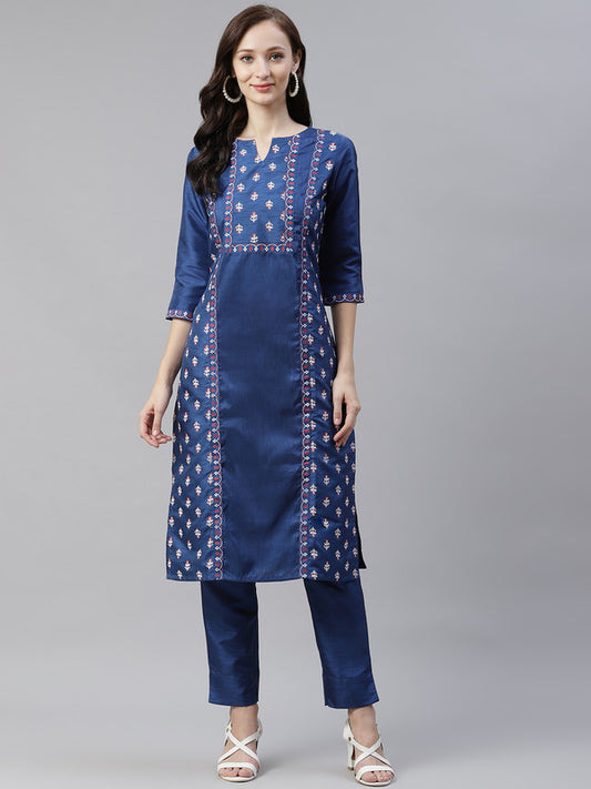 Blue Coloured Poly Silk with Foil Print Round neck 3/4 Sleeves Side Slits Women Designer Casual/Daily wear Straight Kurta!!