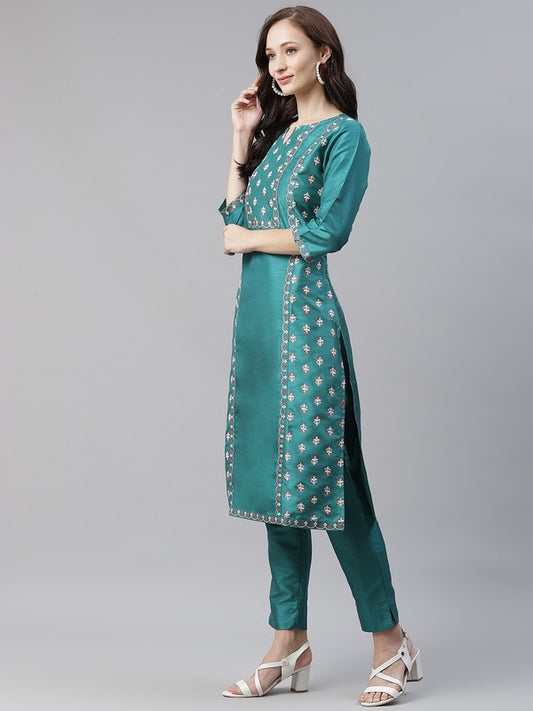 Green Coloured Poly Silk with Foil Print Round neck 3/4 Sleeves Side Slits Women Designer Casual/Daily wear Straight Kurta with Pant!!